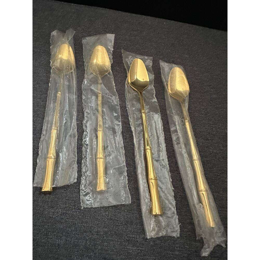 Vintage Viners Sheffield Gold Cane Bamboo 23K Gold Plate Spoons Set of 4 NOS - Picture 2 of 3